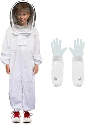 Luwint Trajes de apicultura ventilados de cuerpo completo para niños, traje de apicultor de abeja de algodón con capucha de velo de esgrima