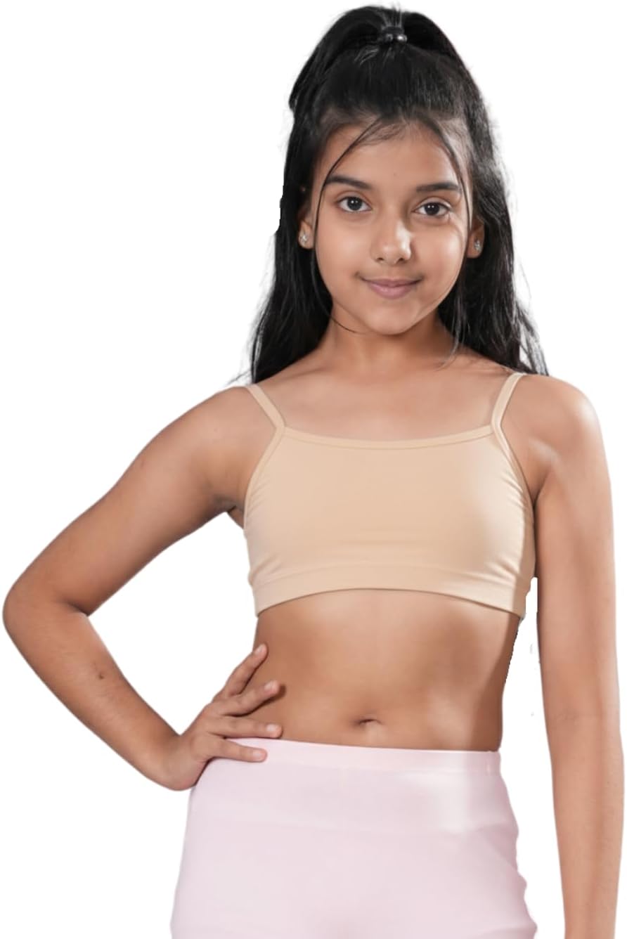 Lightly Padded First Bra for Girls 10-12 Years | Starter Bra with Built-in Light Flat Padding | Cotton Stretch Beginners Bra with Nipple Coverage | Adjustable Strap Training Bra for Teens