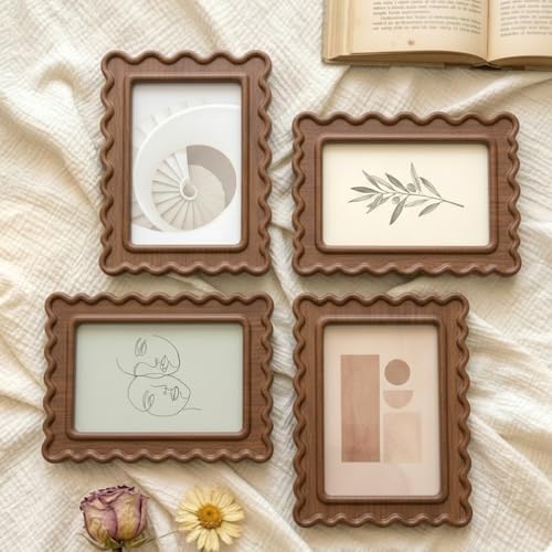 Novabright 4 Pcs 4 x 6 Inch Wood Petal Picture Frame Vintage Photo Frame with Real Glass for Tabletop and Wall Display Home Decor Photo Gallery Family Friend Wedding Graduation Gift