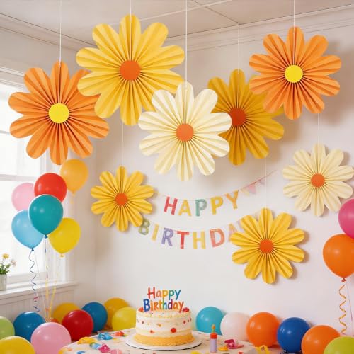 Image of SUNBEAUTY Orange Paper Flowers Decorations for Wall Paper Fans Daisy Decoration for Women Birthday Spring Easter Wedding Garden Tea Party Baby Shower Decor Set of 9