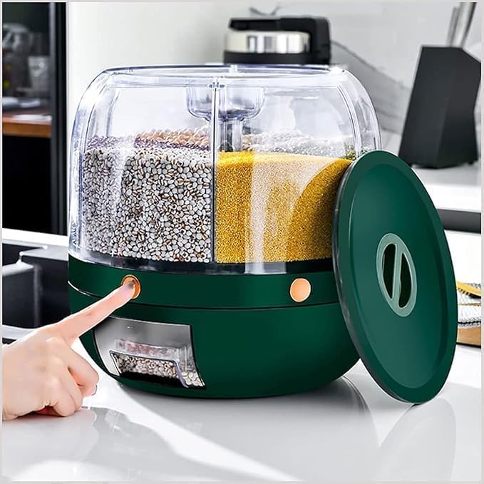 Image of Gvnd Grain Rice Storage Container, Rotating Rice Dispenser Storage Container, 6-Compartment Dry Food Dispenser with Measuring Cup, Cereal Transparent Bucket, storage box
