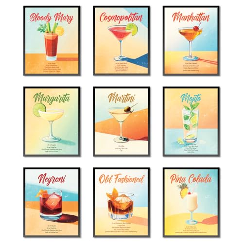 9 Pcs Cocktails Wall Art for Kitchen Room Aesthetic, Vintage Cocktail Recipe Gifts Collage for Bar Kitchen Home Bedroom Dining Room Wall Decor, Unframed Print Poster Set of 9 (8” x 10”)