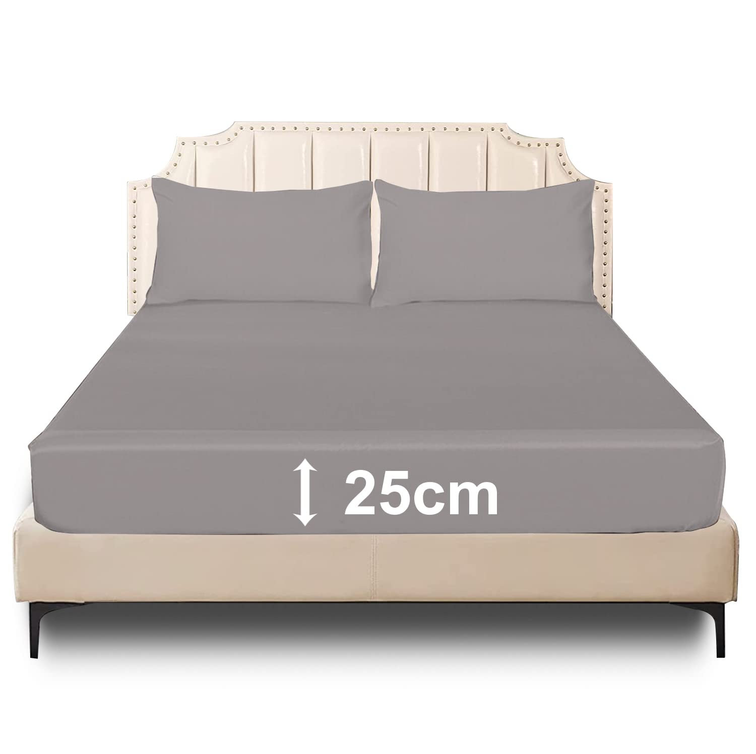 Deep Fitted Bed Sheet 25 cm Poly Cotton Mattress Cover, Plain Non Iron Deep Pocket Elasticated Bedding Sets for Girls Boys Kids Beds Protector Fitted Sheet (Grey, Single)