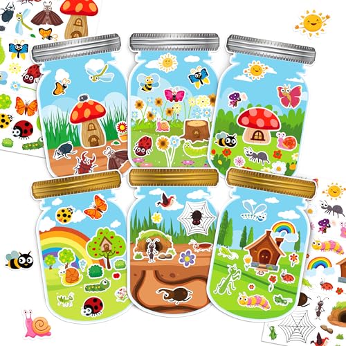 LINAYE 24 Sheets Insect Stickers with Jar Scenes Make Your Own Bug Jar Stickers Spring Crafts Activities for Kids Spring Party Decorations Supplies for Kids