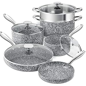 MICHELANGELO Stone Cookware Set 10 Piece, Ultra Nonstick Pots and Pans Set with Stone-Derived Coating for Kitchen, Granite – 10 Piece