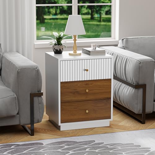 Image of 23.6 inch Set of 2 Tall Night Stand with 3 Storage Drawers, Fluted Nightstand with Metal Handles, Modern End Table Bedside Table Chest for Bedroom, White and Natural