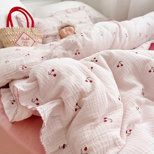 Image of BuLuTu Crib Bedding Duvet Cover for Boys Girls Cotton Muslin Baby Crib Duvet Cover Nursery Bed Decoration Gift, 47 inchx59 inch, Cherry Print (No Pillowcases)