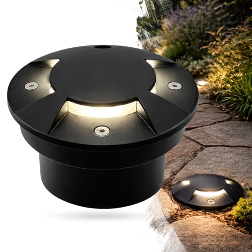 trendlights24 Tierra IP67 230V LED Bodeneinbauleuchte flach 68 mm Schwarz rund 3-Lichtaustritt seitlich 5W Warmweiß