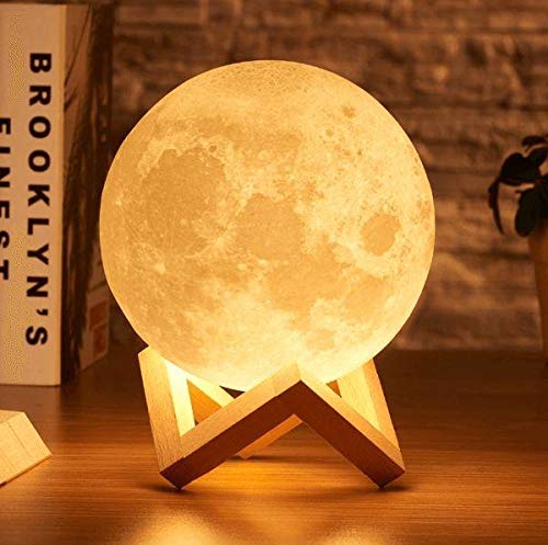 Luminária Lua Cheia Impressão 3d 15cm - Base Madeira - 3 Cores de Iluminação