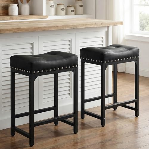 Image of Bar Stools Set of 2, Counter Height Bar Stools for Kitchen Island, 24 Inch Black Saddle Backless Barstools, Counter Height Stools with Thick Saddle Seats & Metal Base, Black