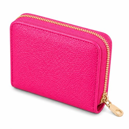 Ladies change card bag, zip storage bank card case, small portable 11 large capacity pouch, holds banknote change credit card(Litchi-patterned rose red)