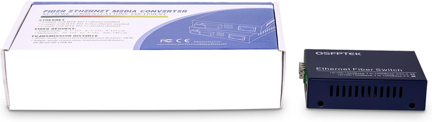 QSFPTEK Gigabit Ethernet Media Converter with SFP Module, Multimode Dual LC Fiber, 1x 10/100/1000Base-T RJ45 to 1x 1000Base-SX SFP Slot Ethernet to Fiber Media Converter, up to 550m, AC 100V~240V