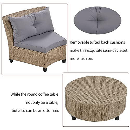 Biadnbz Outdoor Patio Furniture Half Moon Wicker Sofa Sets, 6 Person Fan-Shaped Rattan Curved Sectional Couch With Coffee Table And Cushions, 9 Pieces, Brown&Gray #TOP3