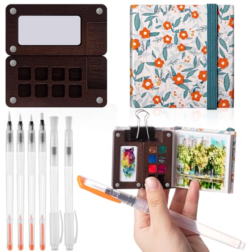 Qilery Mini Portable Watercolor Palette Set Wooden Grid Paint Box Back to School Watercolor Paper Sketch Book Brush Pens with Binder Clip for Painters Artist Not Include Paint(Blue Flowers)