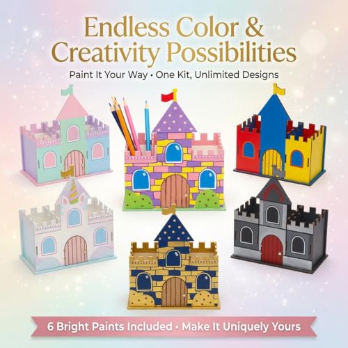 Image of DIY Wooden Castle Pen Holder Kit for Kids, Castle Craft Kit, Activity Kit, Paint Your Own Castle, DIY House Making Kit, Wooden Craft Set with Paints, Art & Craft Toy, Ages 3+, School Project