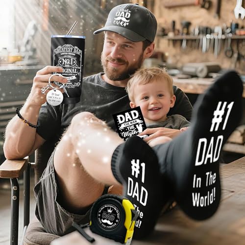 11 Pcs Dad Gifts for Men, Father's Day Gifts, Best Dad Ever Gift with 20 Oz Tumbler Socks Baseball Cap Tape Measure Bracelet Wallet Card Keychain, Fathers Day Birthday Christmas Gift for Dad Husband - Image 5