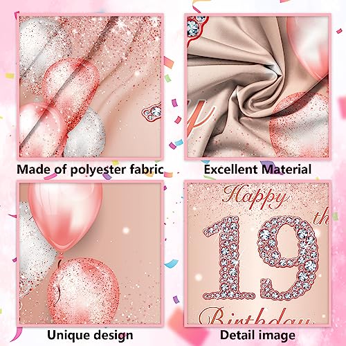 Image of Happy 19th Birthday Rose Gold Banner Cheers to 19 Years Old Backdrop Confetti Balloons Theme Decor for Girls Women 19 Years Old Pink Birthday Party Decorations Bday Supplies Background Gift Glitter