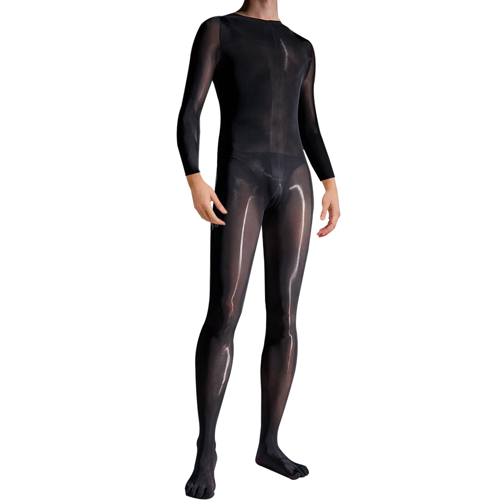 HTRUIYATY Homme Bodystocking Sexy Homme Collant Brillant Huileux Bodystocking Manches Longues Catsuit Nylon Bodysuit Ouvert