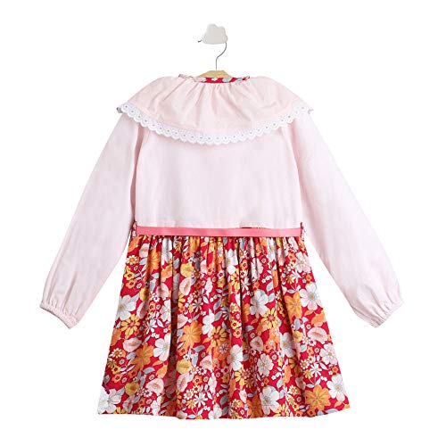Image of Hopscotch Printed Knee Length Dress With Frill Lace And Tie Up For Girls