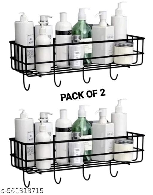 (Pack of 2) Steel Self-Adhesive Multipurpose Bathroom Shelf with Hooks/Towel Holder/Rack/Bathroom Accessories-Wall Mount - Pack of 2 (Black,Powder Coated) 3