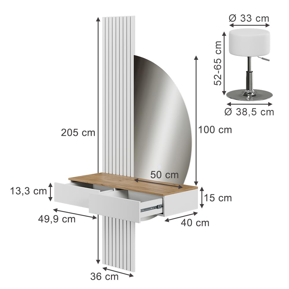 Vicco Tavolo da toeletta Melina, Bianco/quercia, 100 cm con specchio LED e sgabello, Perfetto per una routine di bellezza organizzata
