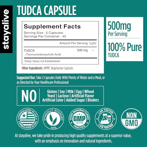 Image of STAY ALIVE Tudca Supplement 500mg, 90 Capsules for Liver Support, Non-GMO & Gluten Free Tauroursodeoxycholic Acid Capsules for Men and Women