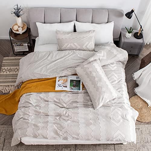 SUCHDECO Duvet Cover Set King Size, Ultra Soft Microfiber Tufted Duvet Cover 230x220 cm, 3 Pieces Embroidery Shabby Chic Home Bedding Sets with Zipper Closure & Corner Ties, Light Grey