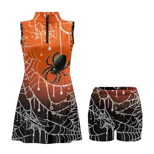 Xpyeesfuen Spider Webs Womens Sleeveless Golf Tennis Dresses with Inner Shorts＆Pockets for Workout Exercise Pickleball Dress Quick Dry Slimming Fits All Body Types Halloween Costumes
