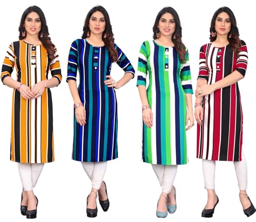 Image of JAKHANA Women's Crepe Printed Casual Straight Calf Length Round Nick Kurta Pack of 4