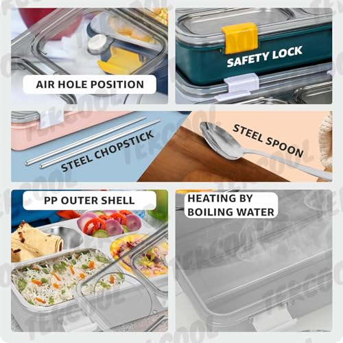 Image of TEKCOOL Lunch Box for Adults - Lunch Box for Kids - with Spoon & Fork - Stainless Steel Lunch Box with 4 Compartment - Durable Perfect Size for On-The-Go Meal, BPA-Free-';