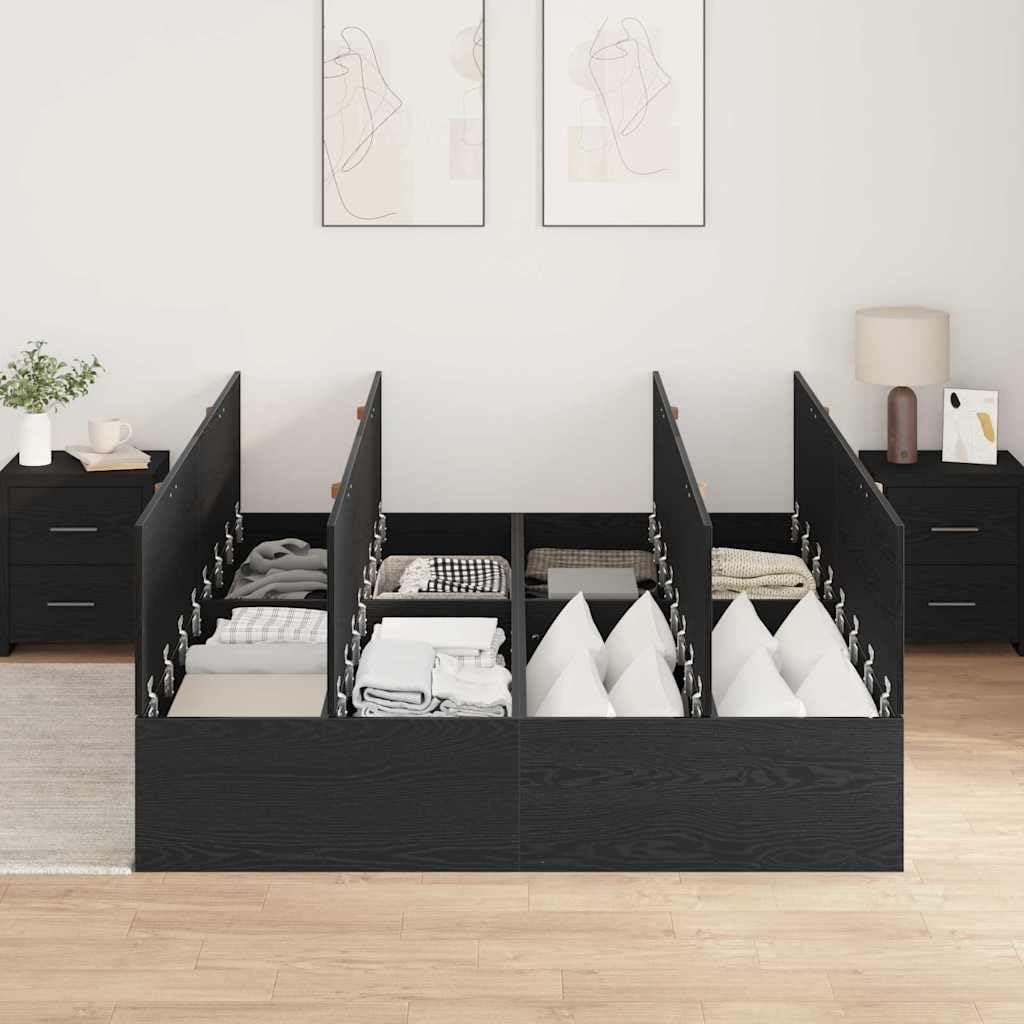 160x200 cm Solid Oak Storage Bed Frame with 8 Drawers, Black | Platform design requires no box spring, providing ample under-bed space for bedroom organization.