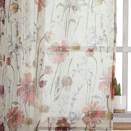 Image of OWENIE Crushed Sheer Cafe Curtains Kitchen Tiers 30 Inch Length 2 Panels, Printed Design Small Window Half Curtains for Bathroom Bedroom Cupboard Living Room, Short Light Filtering Curtain, 42 inchx30 inch