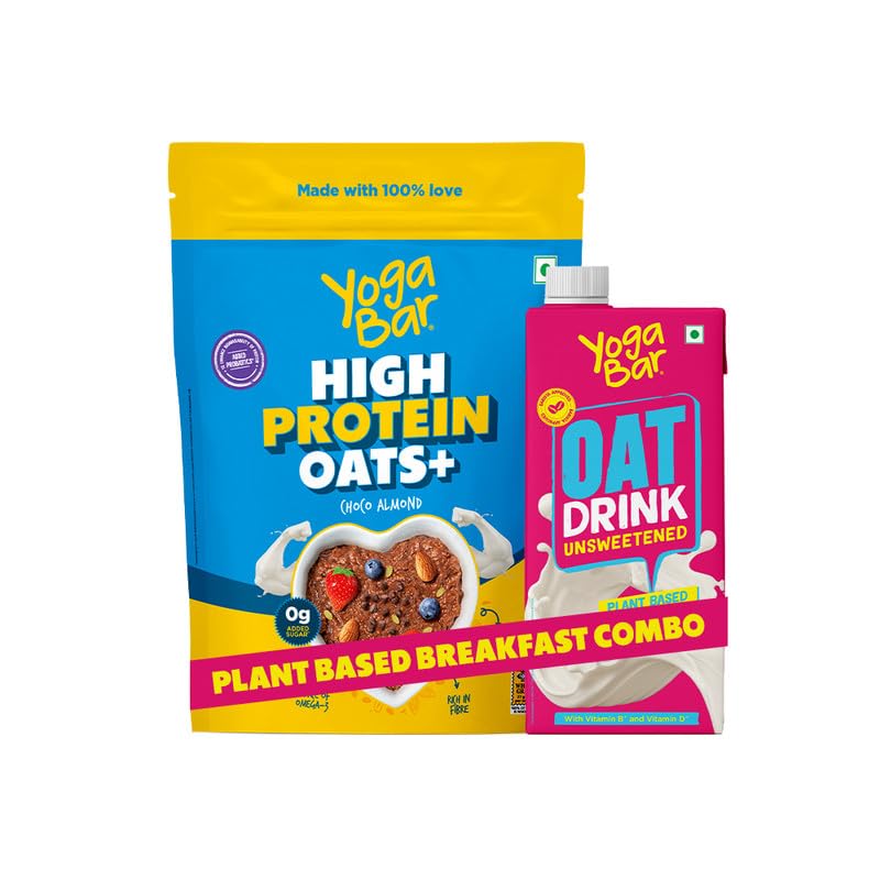 Image of Yogabar Super High Protein Oats (Choco Almonds) 1Kg & Oat Milk 1 ltr | Lactose Free | No Added Sugar | No Preservatives | Source of Calcium & Vitamins | Plant Based Protein Breakfast Combo