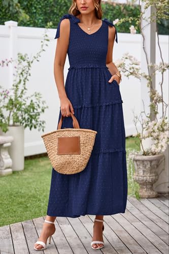 Okiwam Womens Summer Dresses 2025 Sleeveless Tie Strap Maxi Long Flowy Beach Sundresses Boho Swiss Dot Fall Wedding Dresses