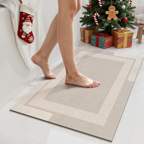 YDKGL Non Slip Bath Mat, Rubber Backing Ultra Thin Bathroom Rugs Fit Under Door Quick Dry Super Absorbent Washable Bath Rug Shower Mat for Bathroom Floor Bathtub Shower Sink, Easy Care Beige 16'x 24'