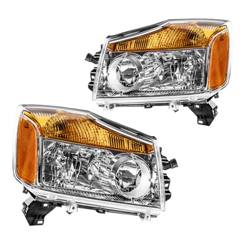 KAC 2PCS Headlights Assembly for 2004-2015 Titan, 2004 Pathfinder Armada, 2005-2007 Armada Waterproof Headlights Assembly Amber Reflector Clear Lens Clear Chrome Housing OEM ‎26060-9FF0A, 26010-9FF0A -  1709LAH6060US