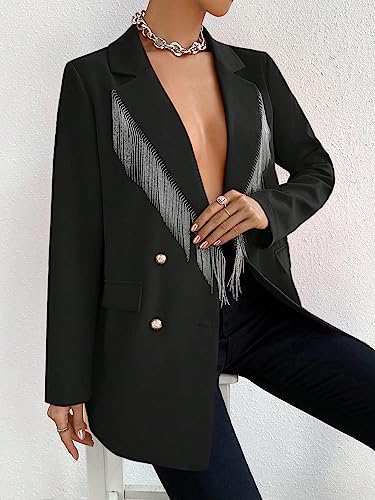 WDIRARA Women's Fringe Trim Double Breasted Long Sleeve Open Front Elegant Blazer Work Office Jacket3