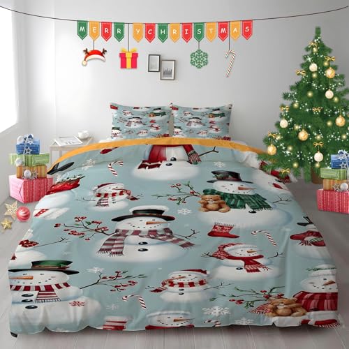 布団カバー セミダブル クリスマス雪だるま|マイクロファイバー 掛け布団カバー 170x210 +枕カバー 2枚 3点セット|吸汗速乾・防静電気・洗濯耐久|肌ざわり最高 ベリーキャンディケーン なプリントデザイン PH231