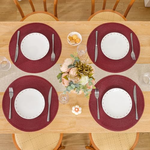 Image of SHACOS Round Placemats Set of 12 for Dining Table 15 inch Round Braided Place Mats Cotton Polyester Washable Non Slip Kitchen Table Mats, Burgundy