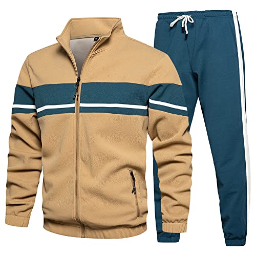 TOLOER Menâs Tracksuits Full Zip Gym Jogging Suit Sets Sports Casual Sweatsuits Color Block Suits for Running Training Game Daily Khaki M
