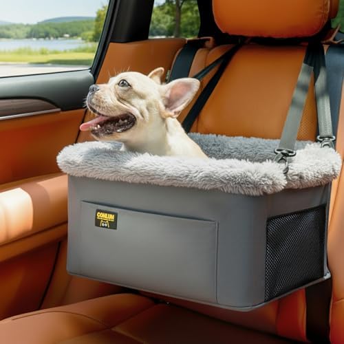 Conlun Hundeautositz mit Stahlrahmen, Faltbar Auto Hundesitz bis 9 kg | Weicher Plüschrand, Design Gegen Reiseübelkeit, mit Sicherheitsleine, Sicherer Autohundesitz Inklusive Front