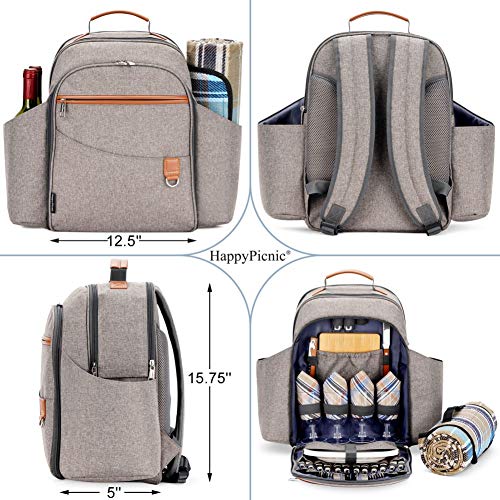 Picnic Backpack Sets for 4 Persons, Picnic Cooler Bag with Insulated Compartment, Cutlery Set, Bottle Holders and Waterproof Picnic Blanket, Perfect for Hiking, Beach, Camping (Brushed Khaki)