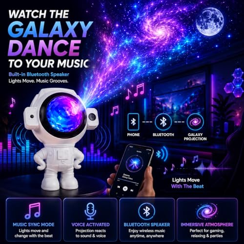 Image of One94Store Astronaut Star Projector Light with 2x4W LED Power, 180 Wide-Angle Projection of Moon, Stars & Clouds, Bluetooth, Voice Activated & Flash Music Modes, Remote with 16.4ft Range, USB Powered