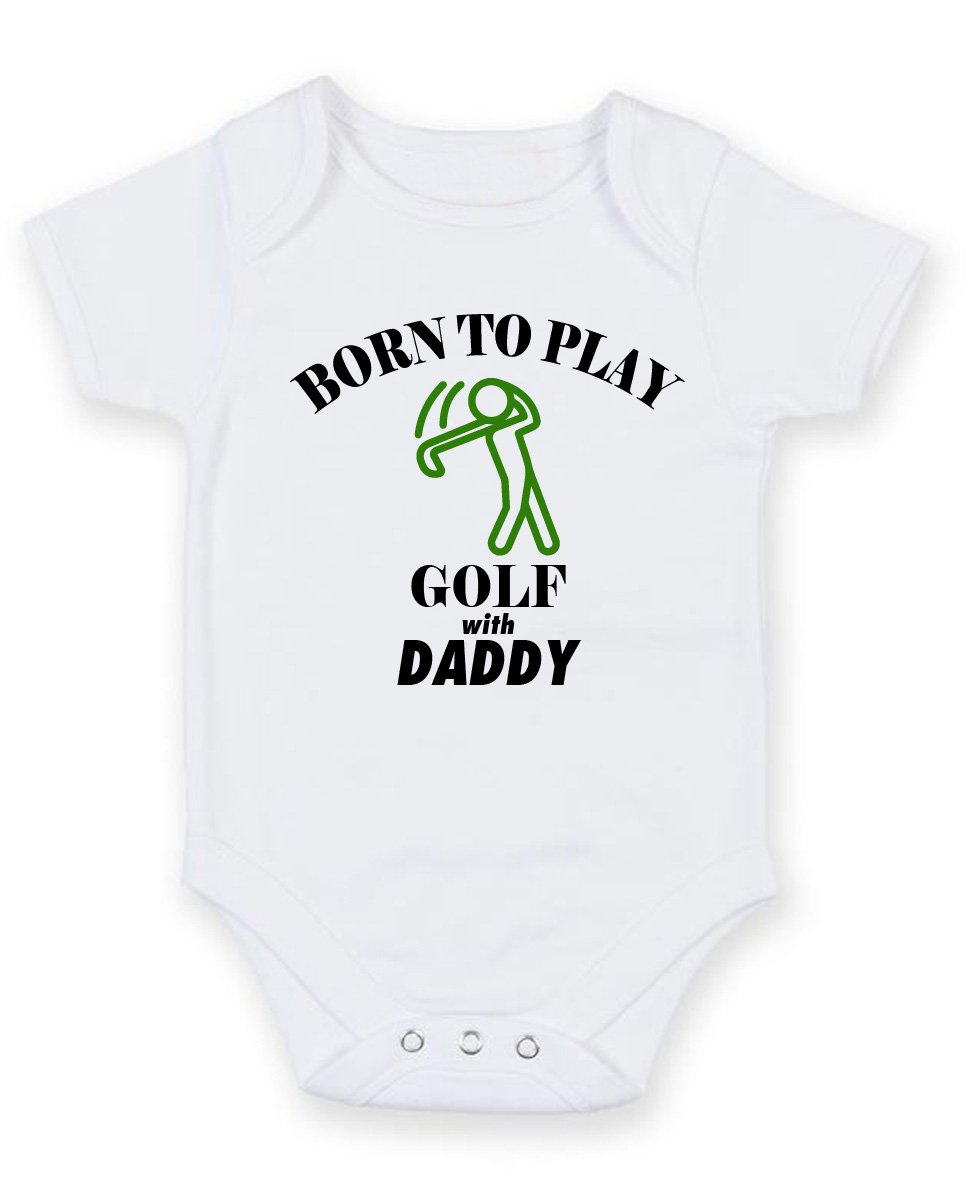 FoxyPrinting Born To Play Golf - Personalised Baby Boy Girl Baby VestUnisex Short Sleeve Bodysuit (0-3 months)
