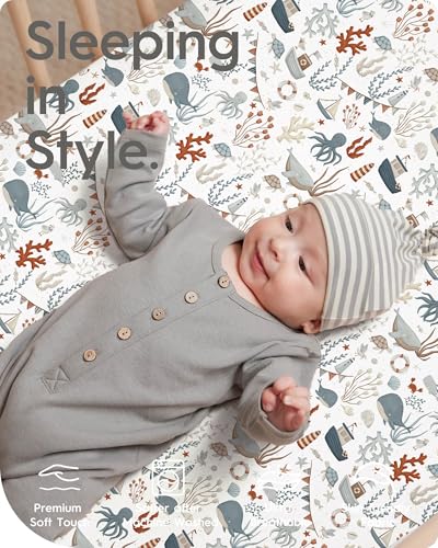 Image of Pack and Play Sheets Fitted, Ultra Soft Mini Crib Sheets Boy, Neutral Pack N Play Mattress Sheets Hypoallergenic and Soothing, Premium Jersey Playrad Sheets, Dino Sea Animals, 2 Pack
