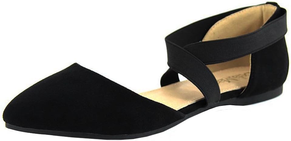 Anna Shoes Women's Elastic Ankle Wrap Strappy D'Orsay Pointy Toe Ballet Flat (8 B(M) US, Black)