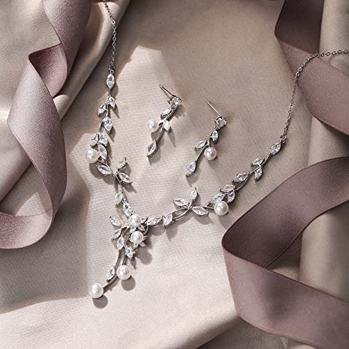 Image of EVER FAITH Wedding Cubic Zirconia Jewelry Set for Women, Marquise White Simulated Pearl Floral Vine Bridal Prom Necklace Earrings for Bride