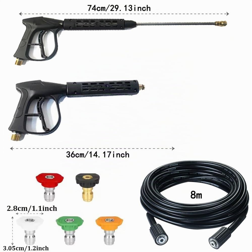 Pistola De Agua A Presión,Pistola Hidrolimpiadora,Lanza Hidrolimpiadora,4000 PSI,con extensión de varita de repuesto,5 puntas de boquilla,Tubo de +8 metros,para ventanas, coche, hogar