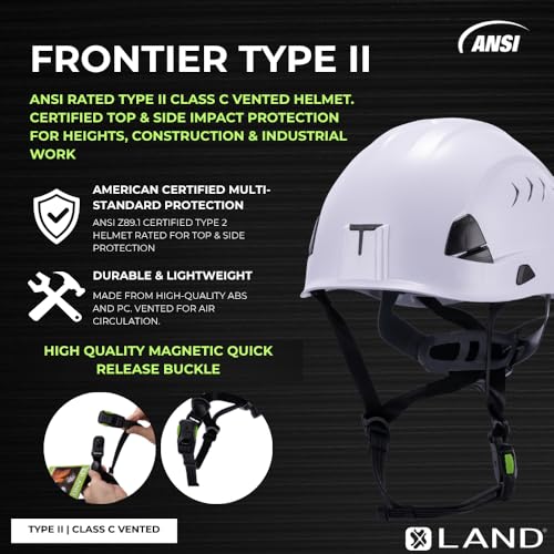 Land Helmets Frontier Type 2 Class C Vented Safety Helmet - ANSI/ISEA Z89.1 Type II OSHA Compliant Hard Hat. Used in Construction, Arbor, and Industrial Work. (White) - Thumbnail 2