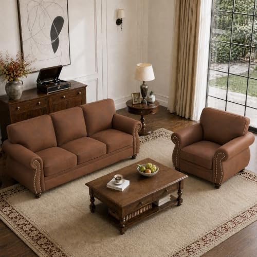 Image of Couchus 88 inch W Living Room Furniture Sets, 3-Seater&Single, Caramel Rust